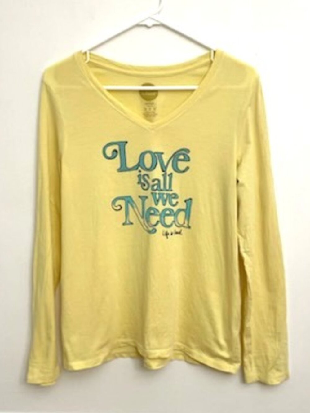 Life is Good L/S T Shirt‎ Love is all we Need Women's Sz M Yellow V-Neck Cotton